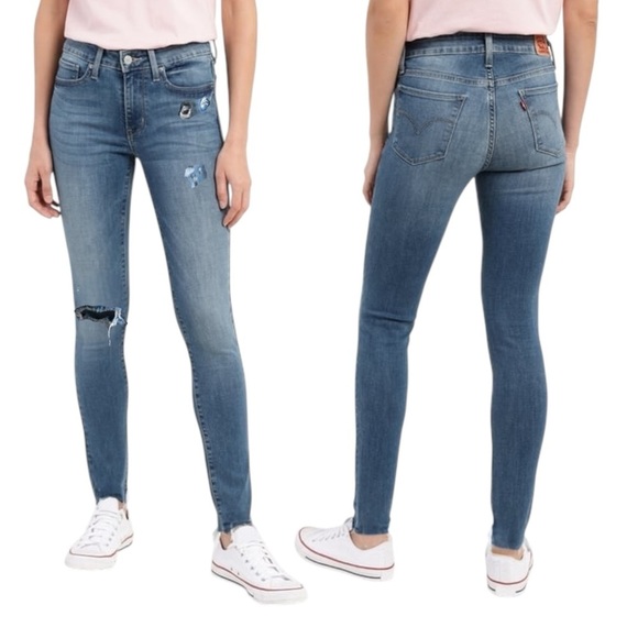 Levi’s 711 Skinny Jeans Size 27 Distressed with Patches Medium Blue Wash - Picture 1 of 16